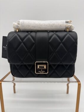 Kate Spade Carey Quilted Small Flap Crossbody Shoulder Bag Black Gold